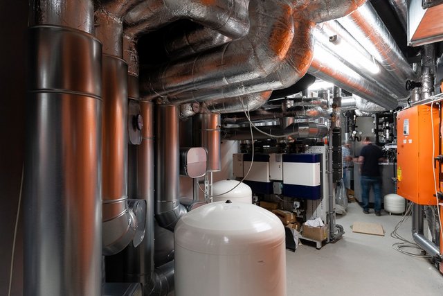 Ein industrieller Raum mit zahlreichen großen, glänzenden Rohren und einem weißen Wassertank im Vordergrund.